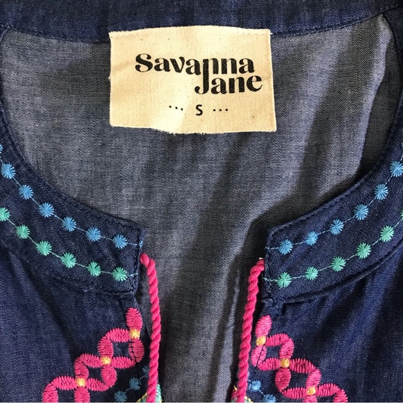 Savanah Jane Boho Blue Chambray Embroidered Sleeveless Shift Dress Sz S - Picture 9 of 14